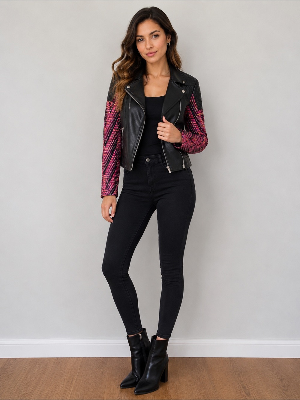 American Retro Kilie Black & Pink Leather Moto Jacket Size Small (Eu36)